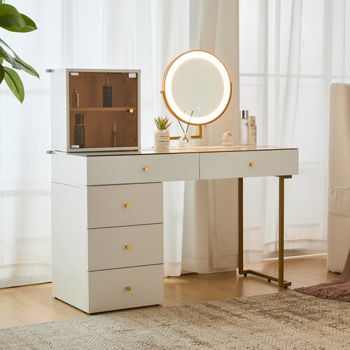 SARAHE Set toaletne mizice z LED-osvetljenim ogledalom, prozorno stekleno plo&amp;scaron;čo, stransko in omarico, elegantno pohi&amp;scaron;tvo, bela, mere, (5000036977) Slike