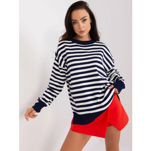 Fashion Hunters Navy blue and ecru women's oversize sweater with a striped pattern