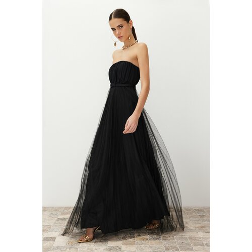 Trendyol Black Tulle Knitted Long Elegant Evening Dress Slike