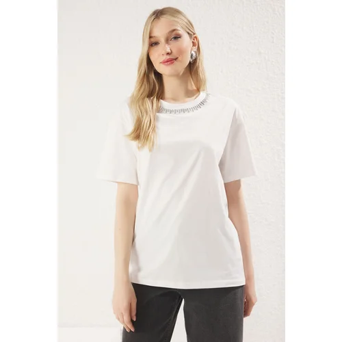 Trendyol White Stone Relaxed/Comfortable Pattern Knitted T-Shirt