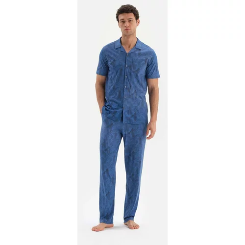 Dagi Blue Shirt Collar Printed Size Cotton Modal Pajamas Set