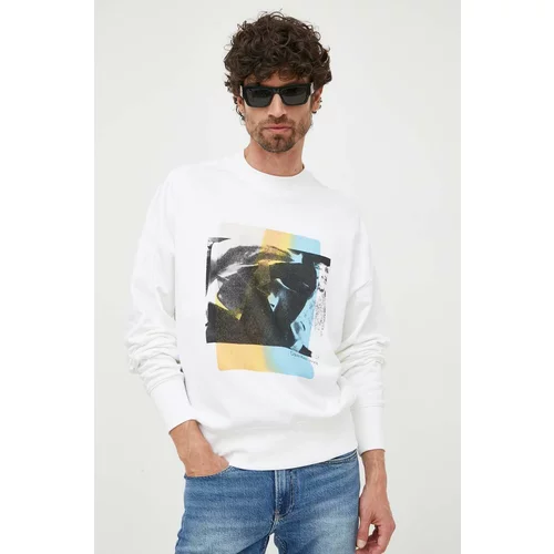 Calvin Klein Jeans Bombažen pulover moška, bela barva