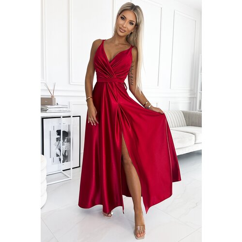 Numoco 498-4 Long satin dress with a neckline and double straps - red Slike