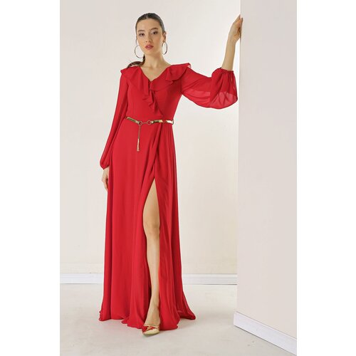 By Saygı Belted Chiffon Long Dress with Flounce Front Balloon Sleeves Slike