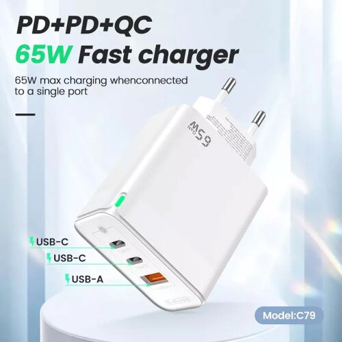 Jellico hišni polnilec adapter C79 220V Gun Quick Charge PD 65W vhod 1x USB A in 2x Type C - s kablom Type C - Type C 3.0 bel Cene