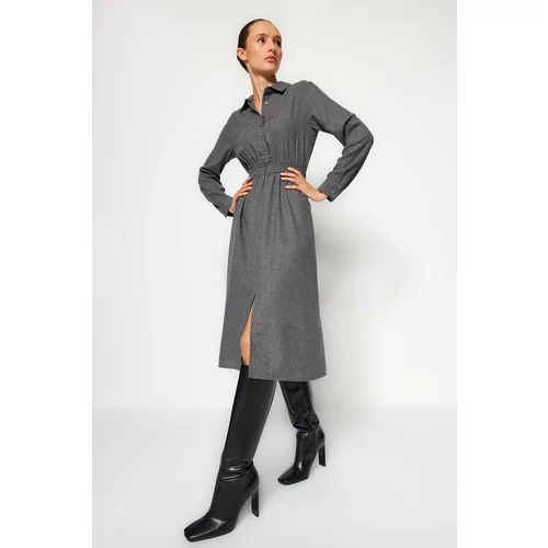 Trendyol Anthracite Midi Woven Dress with Shirt Collar and Buttons