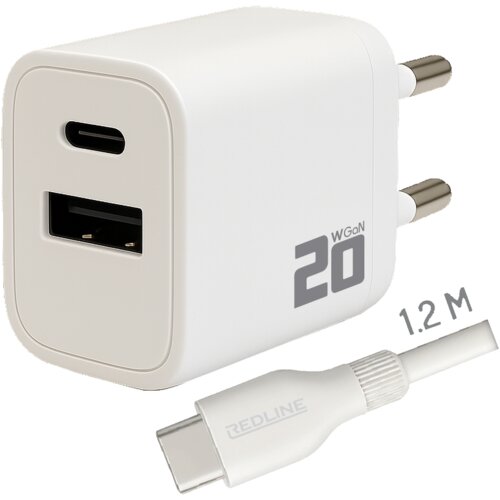 Redline Punjač sa USB-C kablom PQ210AC+CC1.2M, 1 x USB-A, 1 x USB-C, brzi, 20W, Bijeli Cijene