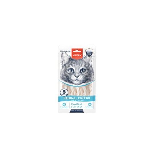 WANPY cat Creamy Lickable Treats for Cats Hairball control - Bakalar & piletina 5x14g Slike