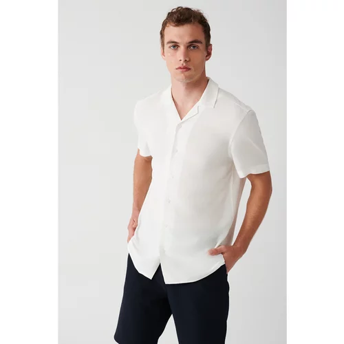 Avva Men's White 100% Viscose Apage Collar Short Sleeve Standard Fit Normal Cut Shirt