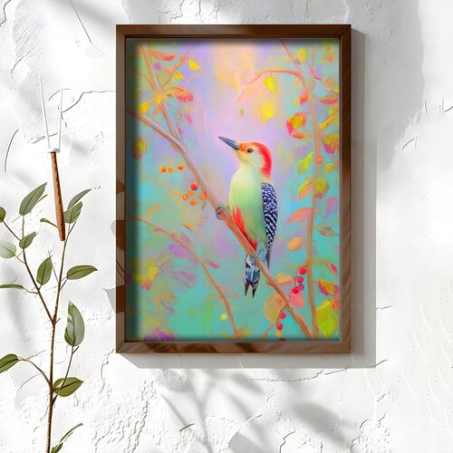 Wallxpert uramljena MDF slika NAL062-46, detlić na grani sa crvenim bobicama na pastelnoj pozadini, 35,5 x 47 cm Cene