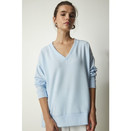 Happiness İstanbul Women's Sky Blue V-Neck Soft Knitted Sweater Slike
