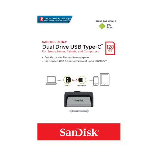 Sandisk USB pomoćna memorija Smartphone/tablet Ultra&amp;reg; DualDrive Srebrna 128 GB USB 3.0, USB-C&amp;trade; Slike