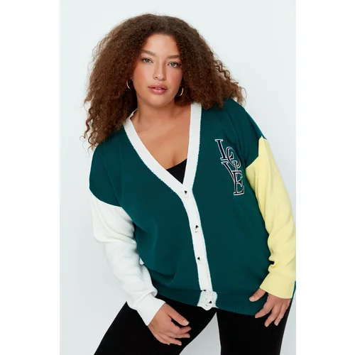 Trendyol Curve Green Color Block Embroidery Detailed Knitwear Cardigan