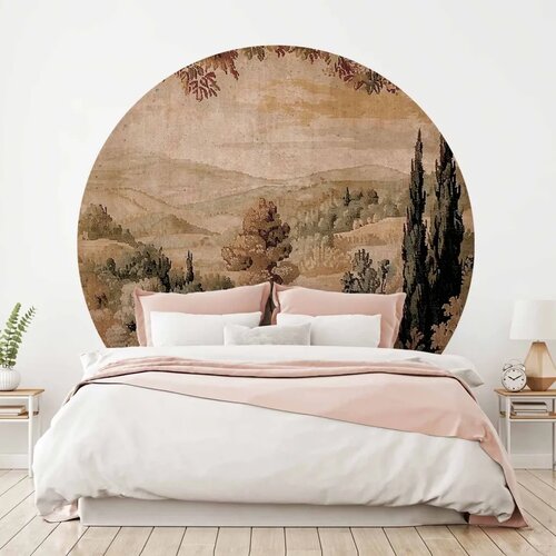  Okrugla fototapeta - Mediterranean landscape - old tapestry with a hill and a lake 140x140 Slike