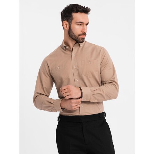 Ombre Men&amp;#039;s linen shirt with classic collar and pockets REGULAR FIT - light brown Slike