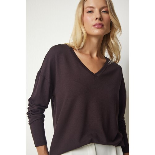 Happiness İstanbul Women's Dark Brown V-Neck Knitwear Blouse Slike