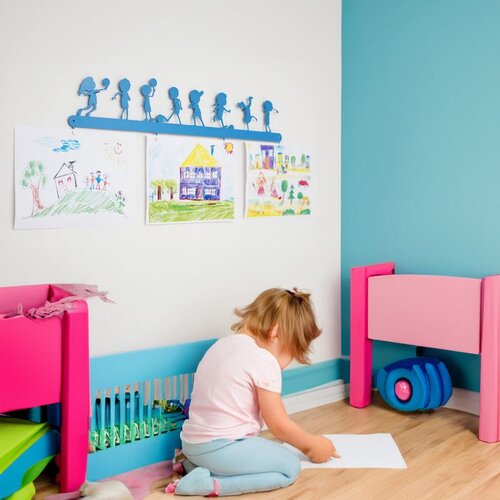 Wallxpert metalni zidni držač za dečije crteže PLY-ED-35, siluete dece u igri, 70 x 13 cm, plavi Cene