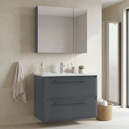 Hanah home Nuvola 80 v2 - 185 Anthracite Bathroom Cabinet With Sink & Mirror Set (2 Pieces) Cene