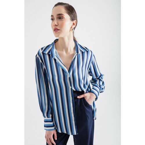 Lafaba Women's Navy Blue Striped Satin Shirt Slike