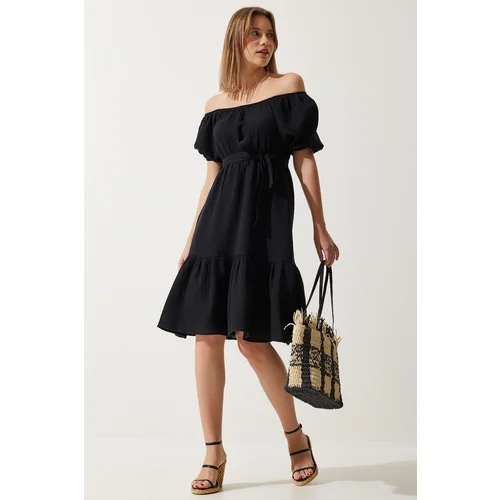  Women's Black Carmen Collar Belted Summer Muslin Dress