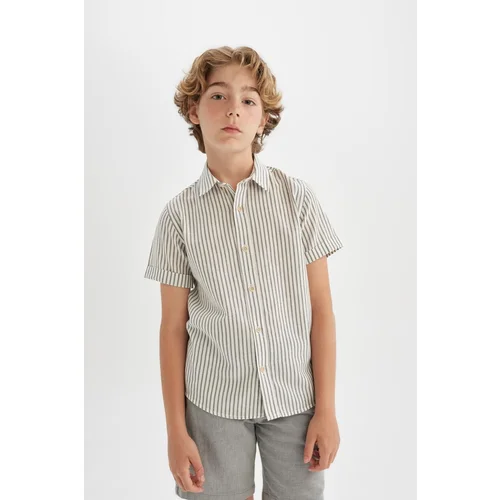 Defacto Boy's Polo Neck Linen Blend Striped Short Sleeve Shirt