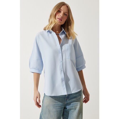  Women&amp;#039;s Sky Blue Balloon Sleeve Poplin Shirt Slike