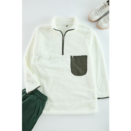 Trendyol Ecru Zipper Collar Pocket Detail Plush Oversize Sweatshirt Slike