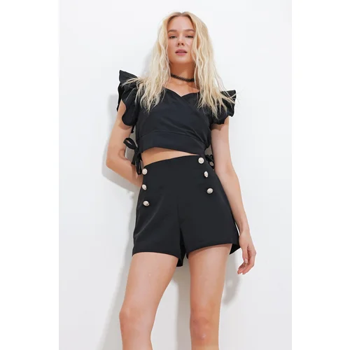 Trend Alaçatı Stili Women's Black High Waist Hidden Zipper Front Buttoned Woven Shorts