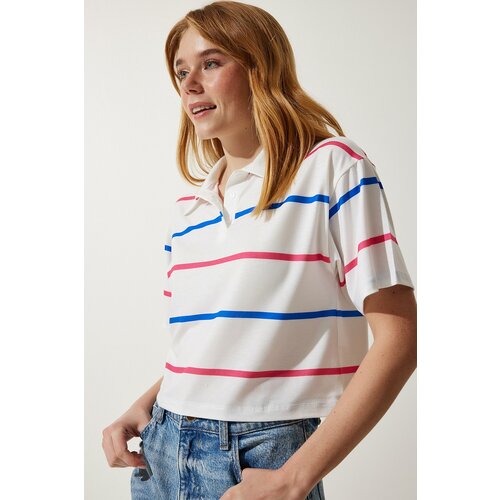 Happiness İstanbul women's ecru pink polo neck striped short knitted t-shirt Slike