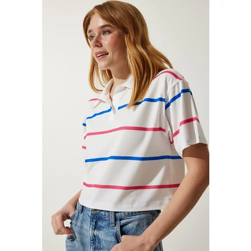 Happiness İstanbul Women's Ecru Pink Polo Neck Striped Short Knitted T-Shirt