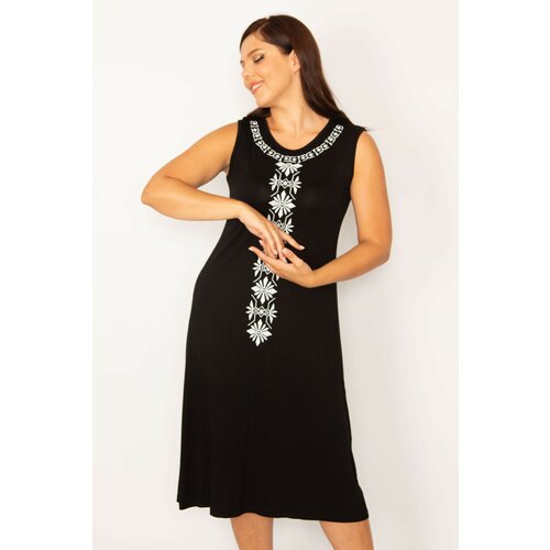 Şans Women's Plus Size Black Embroidered Sleeveless Viscose Dress Slike