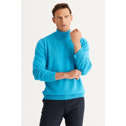 ALTINYILDIZ CLASSICS Men's Turquoise Anti-Pilling Standard Fit Regular Cut Half Turtleneck Knitwear Sweater. Cene