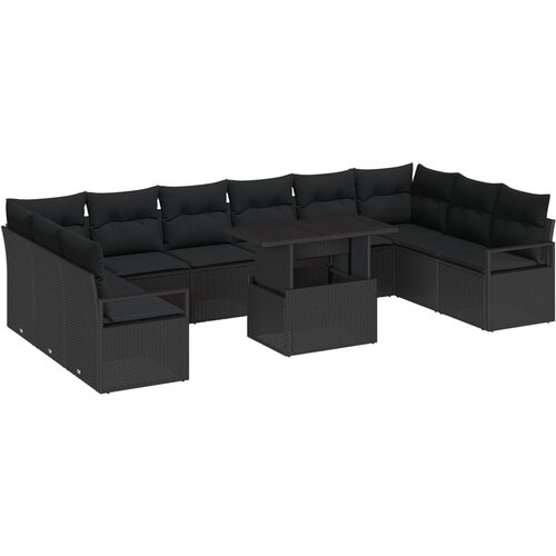 VidaXL Set vrtnih sofa od 11 dijelova s jastučićima Crna Poli ratan, 2-sjedna vrtna sofa s jastučićima Crna Poli ratan Slike