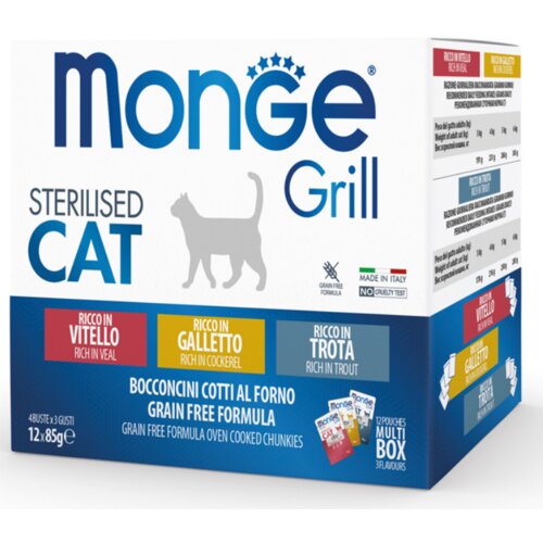 Monge sos za sterilisane mačke grill sterilised cat multipack 12x85g teletina, petlić, pas Slike