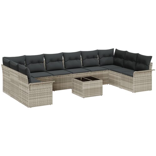 VidaXL 11-delna garnitura za vrt s blazinami, svetlo siva poly ratan, dvosedežna vrtna sofa s prostorom za shranjevanje in svetlo sivimi blazinami Slike