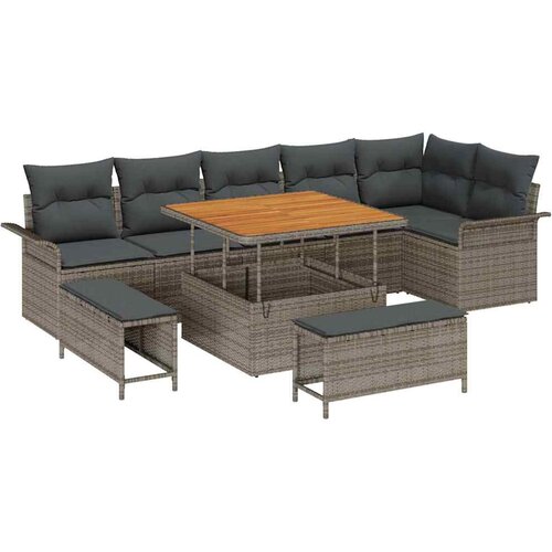  9-dijelni vrtni sofa set s jastučićima siva poli ratan akacija 2-sjedalni vrtni sofa s pohranom i jastučićima siva poli ratan Cene