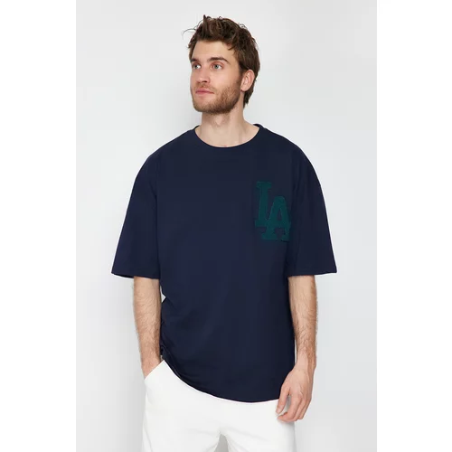 Trendyol Navy Blue Men's Oversize Suzene City Embroidered 100% Cotton T-Shirt