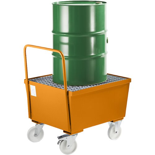 eurokraft pro Pomična prestrezna kadica iz jekla z robnimi profili, za 200-l sod, 1 x stoječe, DxŠxV 800 x 800 x 700 mm, oranžna RAL 2000 Cene