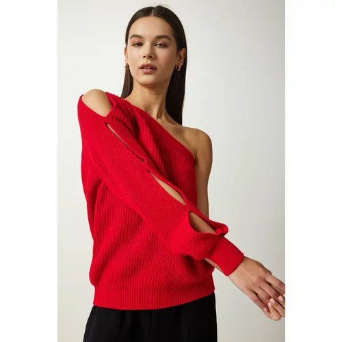Happiness İstanbul Women's Red Window Detailed Single Sleeve Knitwear Sweater