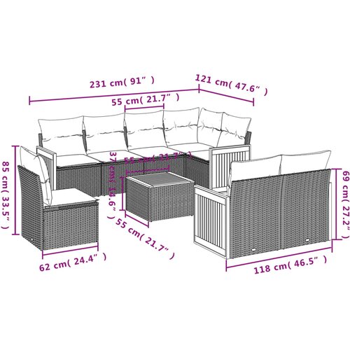  9-dijelni set vrtnih sofa s jastucima bež od poliratana 62 x 62 x 69 cm Slike