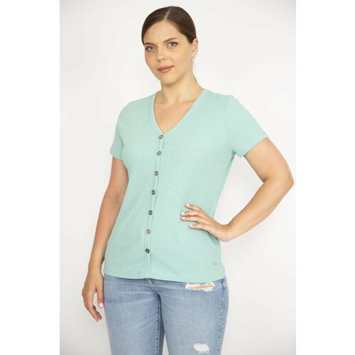 Şans Women's Green V-Neck Front Embellishment Buttoned Camisole Fabric Short Sleeve Blouse Slike