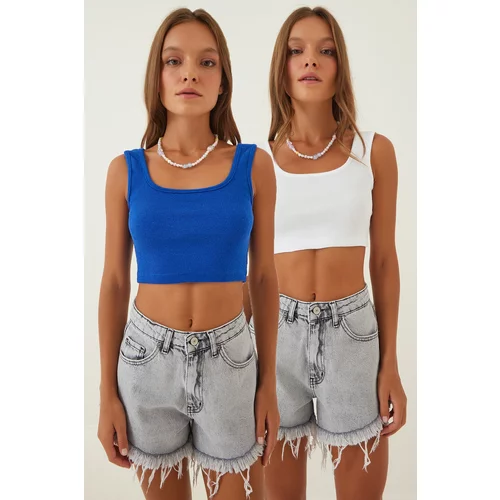Happiness İstanbul Women's Dark Blue White Halter Crop 2-Pack Knitted Blouse
