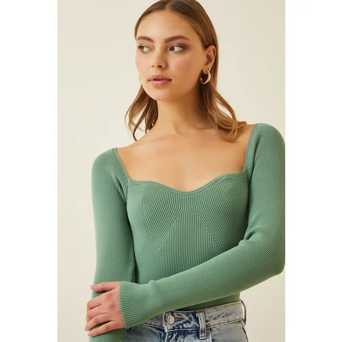  Women's Almond Green Heart Neck Ribbed Knitwear Sweater