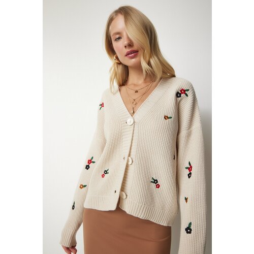  Women's Cream Floral Embroidery Buttons Knitwear Cardigan Cene