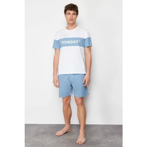 Trendyol Men's Blue Regular Fit Slogan Printed Knitted Pajamas Set
