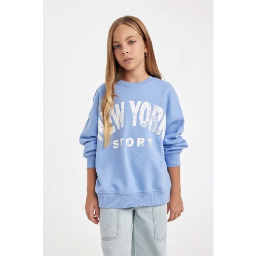 Defacto Girl Blue Oversize Fit Wide Mold Crew Neck Slogan Printed Sweatshirt Cene