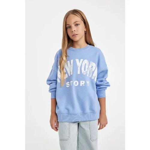 Defacto Girl Blue Oversize Fit Wide Mold Crew Neck Slogan Printed Sweatshirt