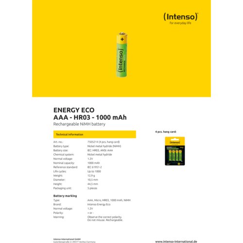 Intenso Akumulatorska baterija AAA / HR03, 1000 mAh, blister 4 kos - AAA / HR03/1000 Slike