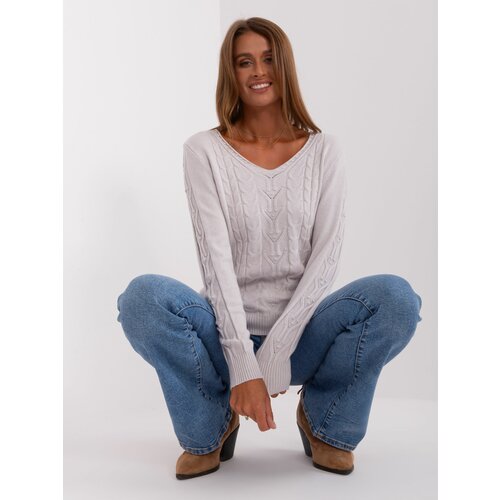 Fashion Hunters Light grey sweater with cables and long sleeves Slike