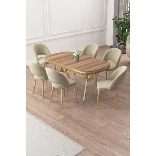 Hanah home trpezarijski set Jita, sto i 6 stolica, ploča u dekoru Hazar, zlatne noge, krem tkanina Babyface Cene